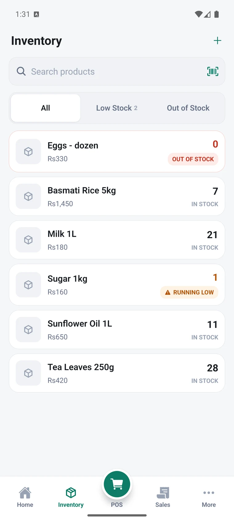 POS it inventory: products listed with stock counts, one out of stock and one marked running low.