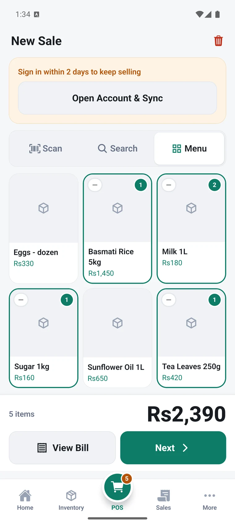 POS it selling screen: a product grid with five items in the cart and a running total of Rs2,390.