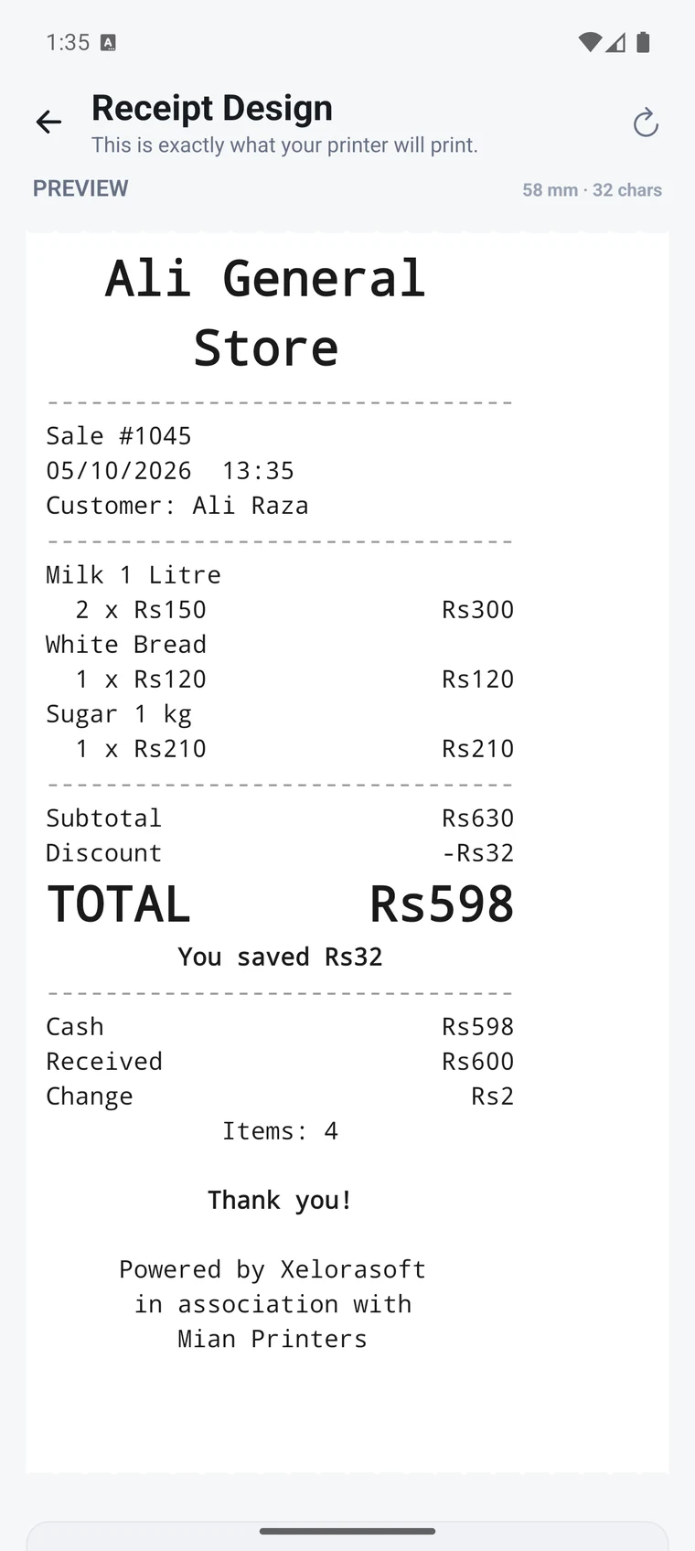 POS it receipt designer: a live 58 mm receipt preview showing the shop name, line items, totals and change.
